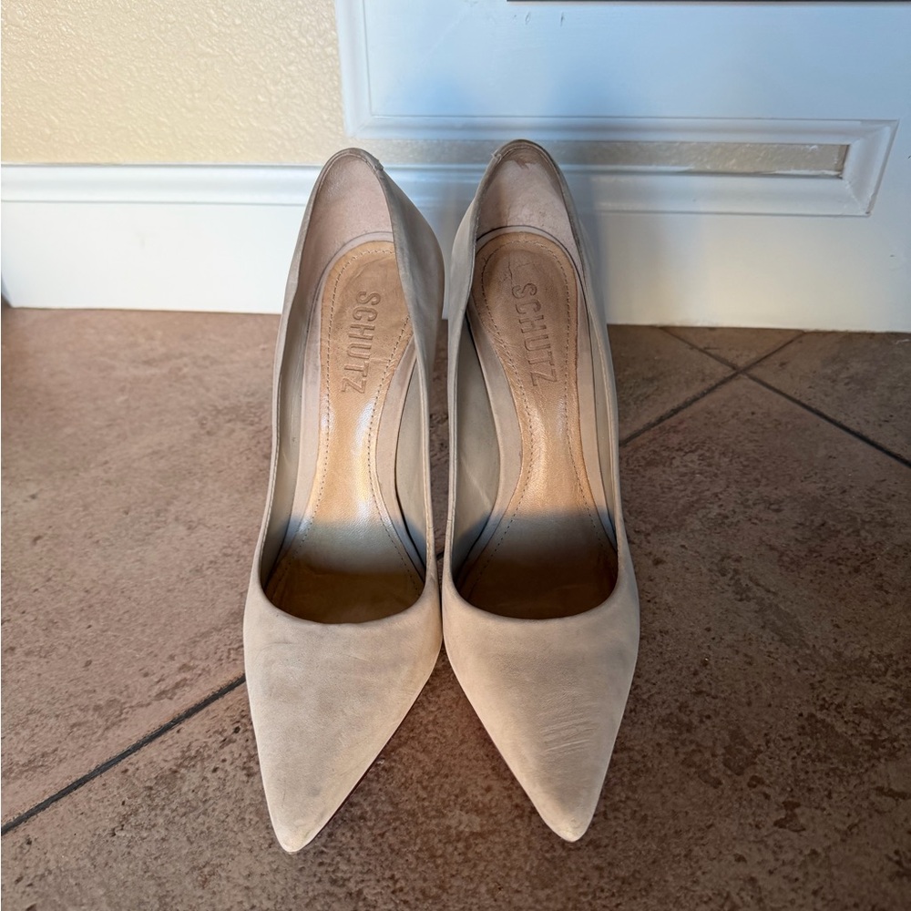 Schutz Women's Beige Suede Lou Pointed Pumps